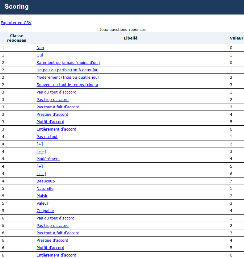 Liste des réponses avec le bouton « Exporter en CSV ».